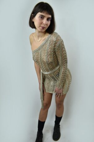 Crochet Μεταλλιζέ Φόρεμα με Έξω Ώμο No M