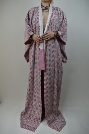 Vintage Japanese Long Αυθεντικό Kimono με γεωμετρικά σχέδια Νο M - XL